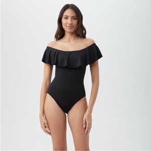 Trina Turk One Piece Swimsuit Designer Monaco Off Shoulder Ruffle Black Size 10